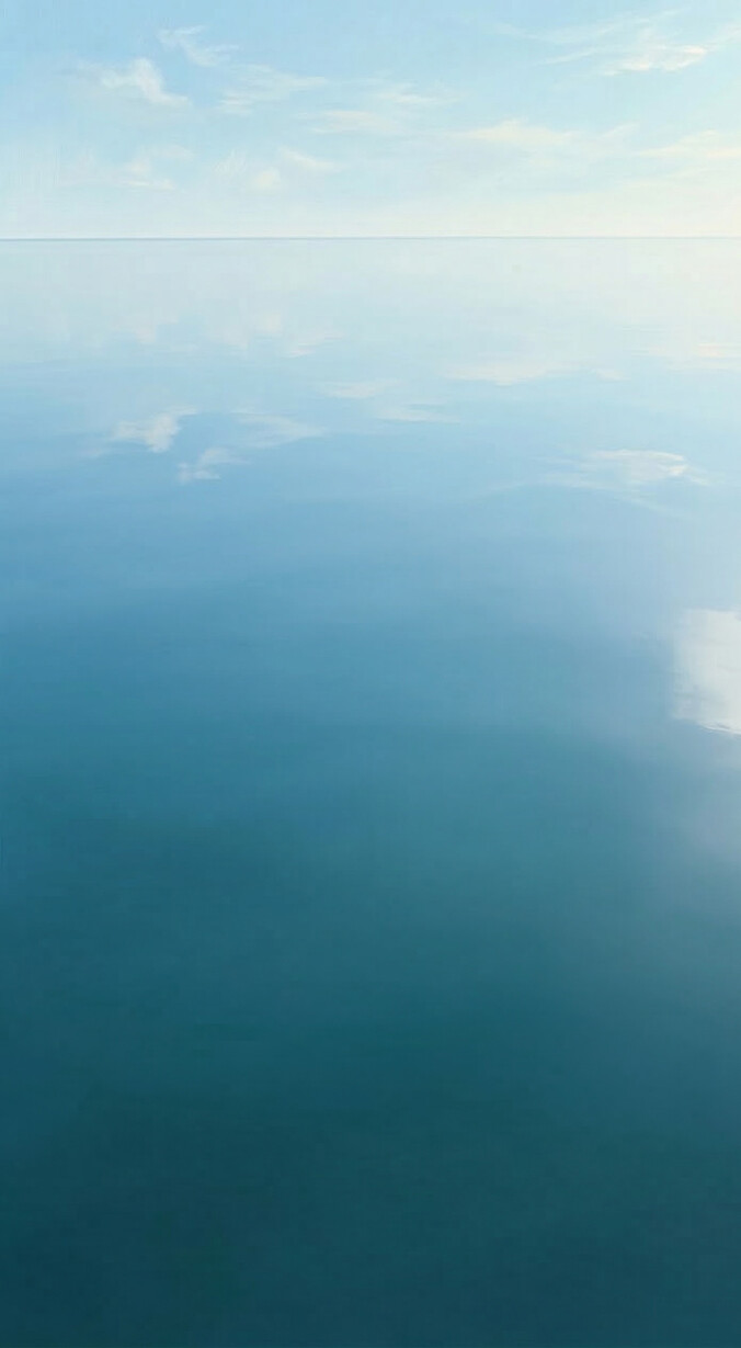 Perfectly calm ocean reflecting the sky at the horizon, representing an open surface with no constraints on direction